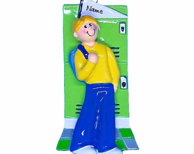 High School Ornament - Teen Student Locker, Custom Middle School Gym Locker Teenage Blonde Boy Starting Jr High School Personalized Ornament
