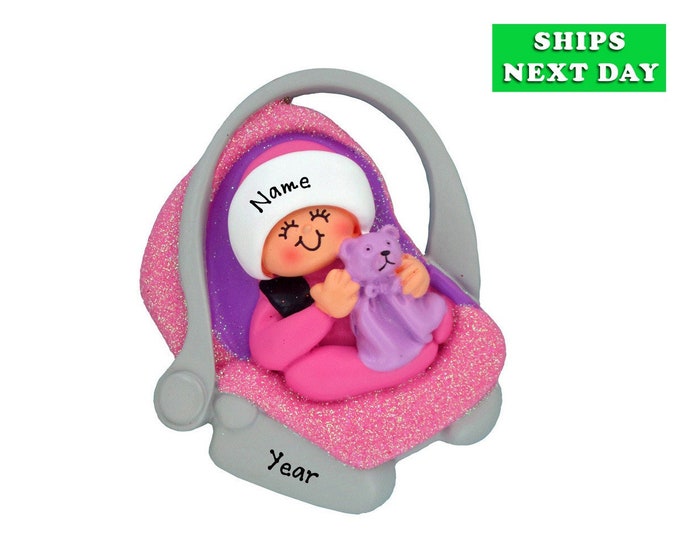 2025 Baby's First Christmas Ornament - Baby Girl 1st Christmas Ornament, Baby Girl in Pink Car Seat Personalized Baby Shower Gift for Mom