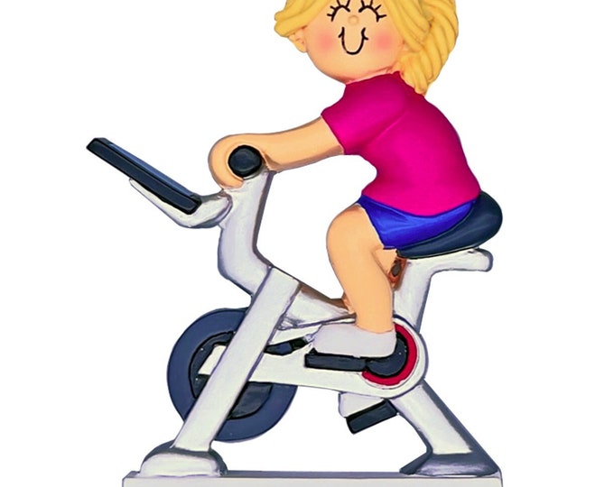 Exercise Bike Ornament -  Blonde Female Cyclist - Workout Gifts For Her - Stationary Bike Ornament - Gym Fitness Bicycle - Girl Staying Fit