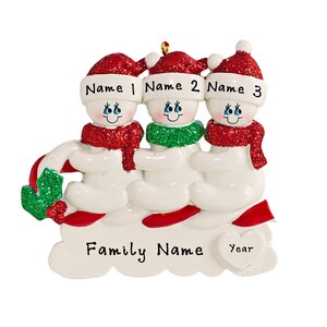 Personalized Snowman Family of 3 Christmas Ornament - Personalized Christmas Ornament Family of 3 Snowmen on Toboggan - Family of 3 Ornament