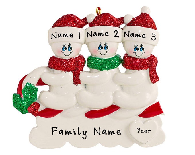 Personalized Snowman Family of 3 Christmas Ornament - Personalized Christmas Ornament Family of 3 Snowmen on Toboggan - Family of 3 Ornament