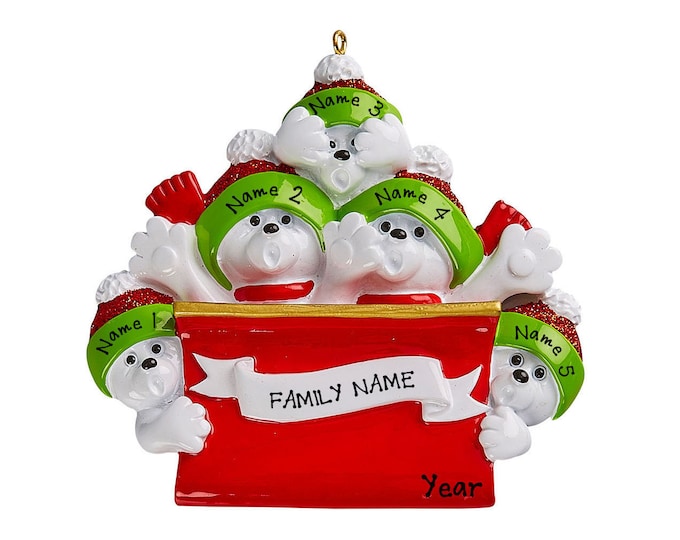 Polar Bear Family Ornament - Personalized Polar Bear on Toboggan Family of 5 Christmas Ornament - Family Personalized Christmas Ornaments