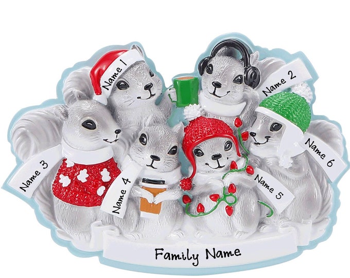 Squirrel Family of 6 Christmas Ornament Personalized 2025 Woodland Forest Animals Custom Family Ornament - Personalized Keepsake Gift Names
