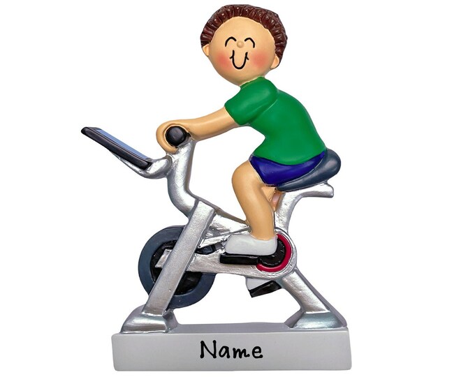 Exercise Bike Ornament -  Brunette Boy Cyclist - Workout Gifts For Him - Stationary Bike Ornament - Gym Fitness Bicycle - Teen Staying Fit