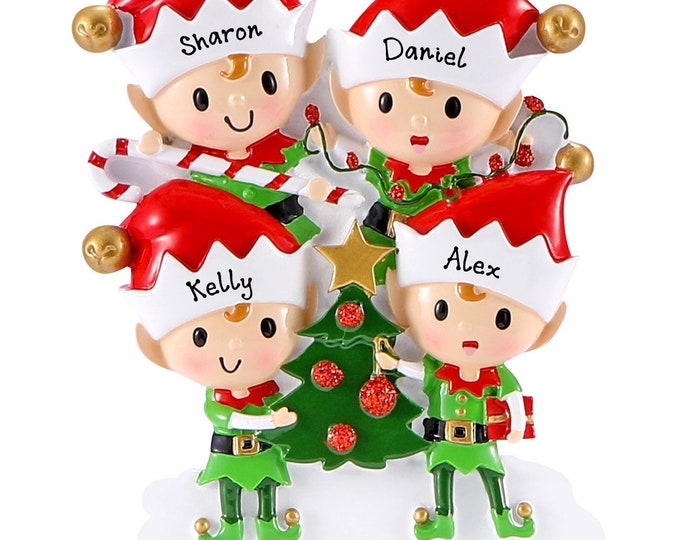 Elves Doing Things Family of 4 Christmas Ornament Personalized 2025 - Four Grandkids Decorating Family Xmas Tree, Custom Grandparents Gift