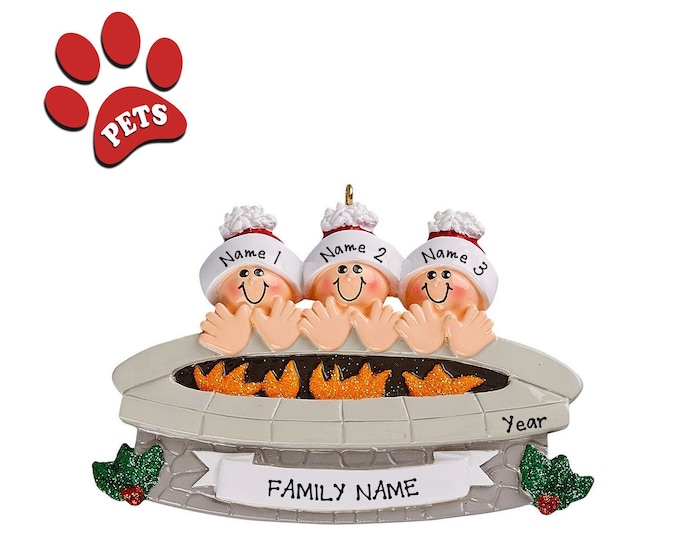Fire Pit Ornament Family of 3 Sitting Around Fire Pit Campfire Ornament Family of 3 Camping Ornament Personalized Family Christmas Ornament
