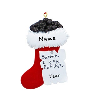May include: A Christmas stocking ornament with a red base, white trim, and a cluster of black, glittery coal. A white paper scroll attached to the stocking reads "SANTA, I CAN EXPLAIN..." and "Year". The word "Name" is written on the stocking.