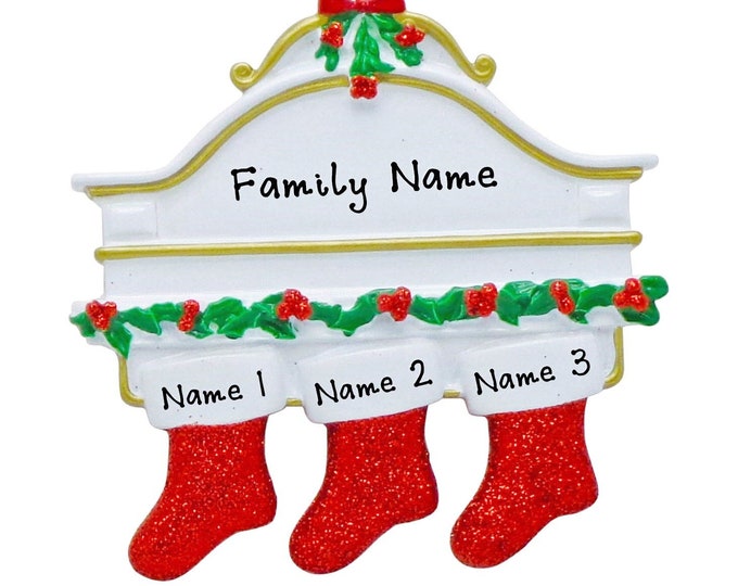 Family of 3 Christmas Ornament - Xmas Stockings on Mantle  - Personalized Family Christmas Ornament 2024 - Our Grandkids Christmas Ornament