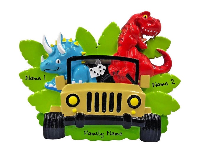Dino Family Christmas Ornament - Family of 2 Dinosaurs on Road Trip - Kids Dino and T-Rex Ornament - Personalized Jurassic Couple Ornament