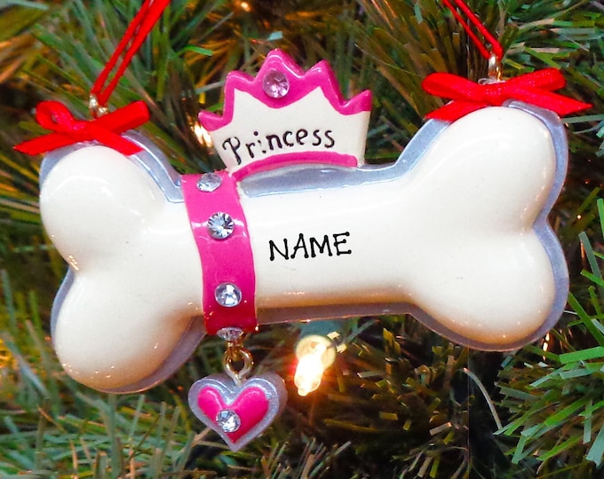 Dog Bone Personalized Christmas Ornament - Pink Princess Glitter Crown Dog Bone Ornament With Name - Custom Christmas Gift For Dog Lover Mom