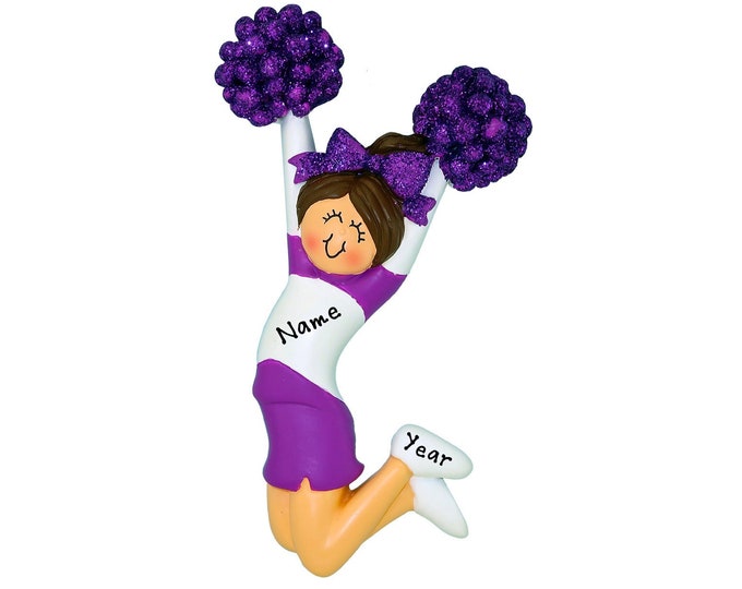 Personalized Cheerleader Ornament 2025 - Brunette Cheerleader With Pom Poms Purple Uniform Custom Gift For Cheerleading Team - Coach Gift