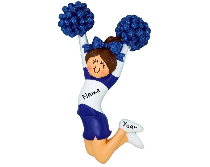 Personalized Cheerleader Ornament 2025 - Brunette Cheerleader With Pom Poms Blue Uniform Custom Cheer Gift For Cheerleading Team Cheer Coach
