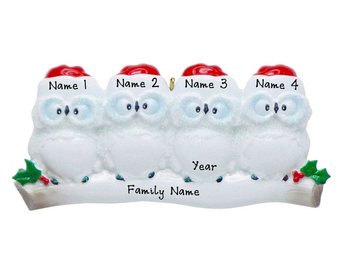 Personalized Owl Ornament - Family of 4 Christmas Ornament - Family Christmas Ornament, Owls On Tree Branch, Grandparents Christmas Ornament