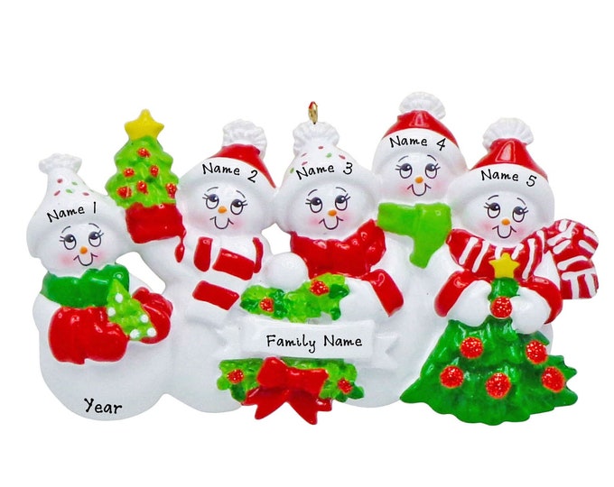 Snowman Ornament - Family of 5 Christmas Ornament - Snowmen With Wreath Gift For Grandparents 2024 Personalized Family Christmas Ornament