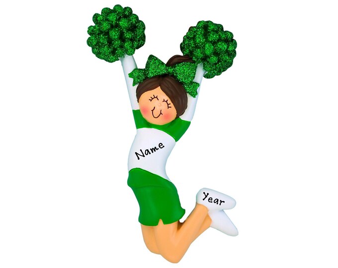 Personalized Cheerleader Ornament 2025 - Brunette Cheerleader With Pom Poms Green Uniform Custom Gift For Cheerleading Team - Cheer Coach