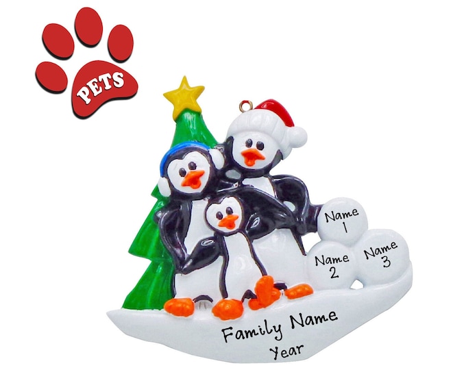 North Pole Penguin Family - Winter Penguin Family of 3 Christmas Ornament, Family Christmas Ornament, Penguin Ornament, Add A Pet, Add A Dog