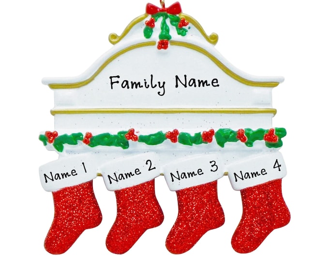 Personalized Family of 4 Christmas Ornament 2025 – Custom Mantle with Stockings Ornament – Grandparent Gift – Our Grandkids Keepsake