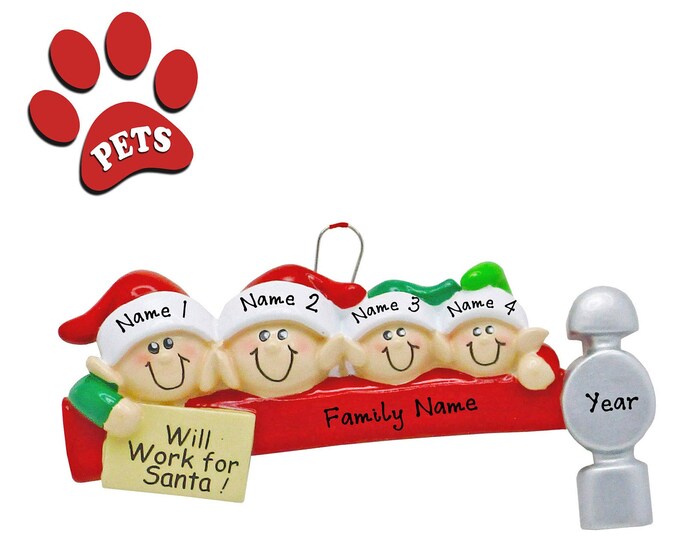 Elf Ornament - Family of 4 Christmas Ornament Personalized 2024  - Our 4 Grandchildren - Personalized Gift For Grandparents - Add a Dog, Pet