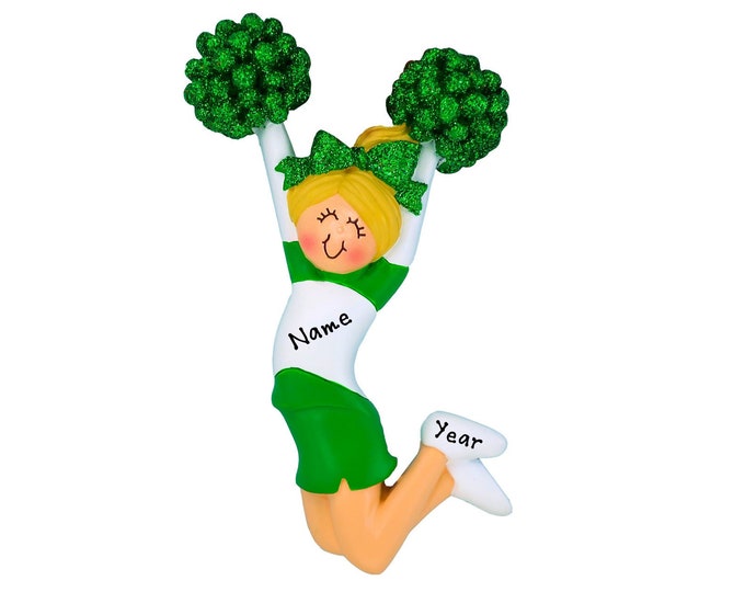 Personalized Cheerleader Ornament 2025 - Blonde Cheerleader With Pom Poms Green Uniform Custom Cheer Gift For Cheerleading Team Cheer Coach