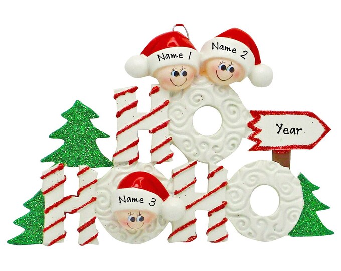 Personalized Ho Ho Ho Family of 3 Christmas Ornament - Personalized Christmas Ornament Family of 3 Word Ho Ho Ho - Family of 3 Ornament