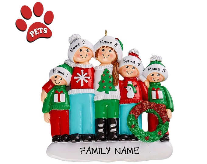 Ugly Sweater Ornament -  Ugly Sweater Family of 5 Ornament - Ugly Sweater Gift - Family Christmas Ornament Personalized  2023 - Add Pet, Dog