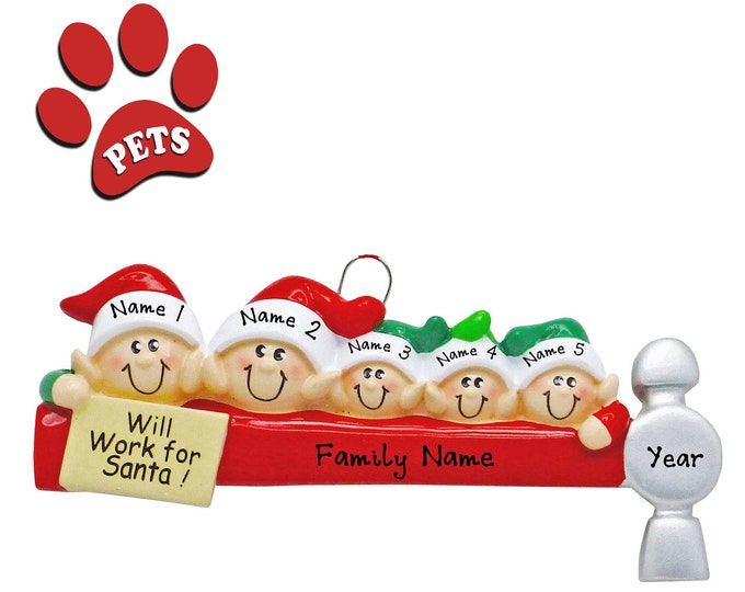 Elf Ornament - Family of 5 Christmas Ornament Personalized 2024  - Our 5 Grandchildren - Personalized Gift For Grandparents - Add a Dog, Pet