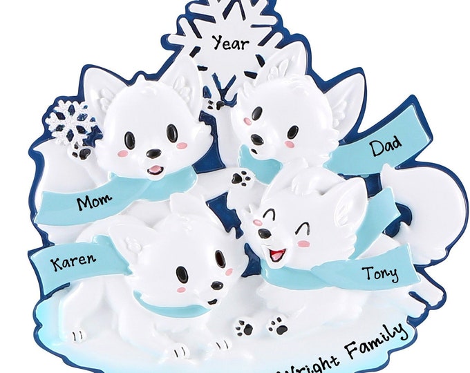 Fox Family of 4 Christmas Ornament Personalized 2025, Cute Forest Animal Ornament With Names, Custom Fox Family of Four Keepsake Gift