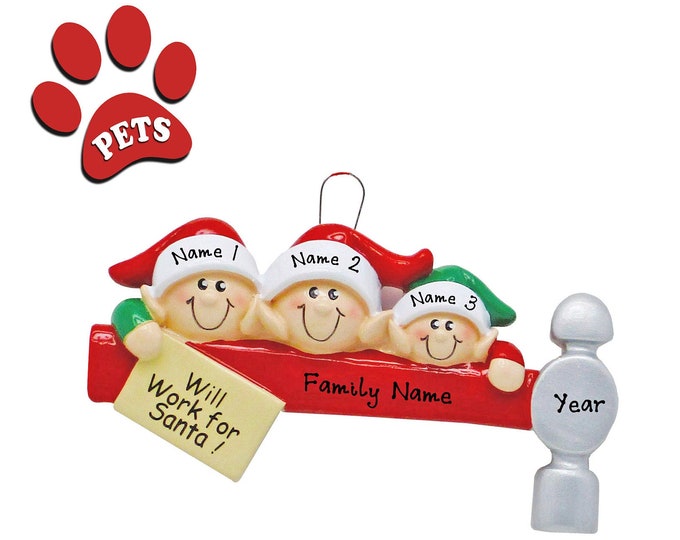 Elf Ornament - Family of 3 Christmas Ornament Personalized 2024  - Our 3 Grandchildren - Personalized Gift For Grandparents - Add a Dog, Pet