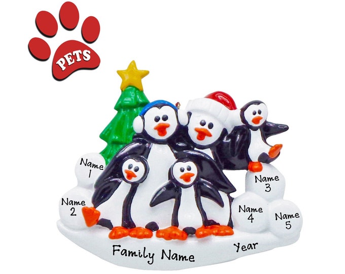 North Pole Penguin Family - Winter Penguin Family of 5 Christmas Ornament, Family Christmas Ornament, Penguin Ornament, Add A Pet, Add A Dog