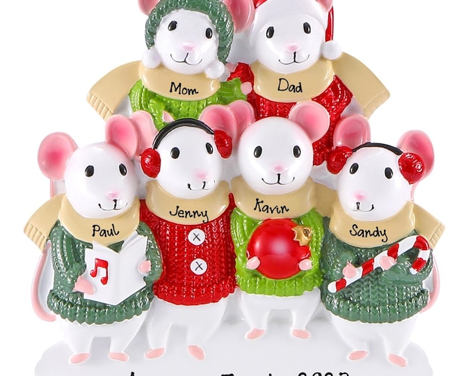 2025 Family Christmas Ornament - Personalized Whimsical Mouse Family of 6 Christmas Ornament, Cute Woodland Animals, Personalized Name Gift