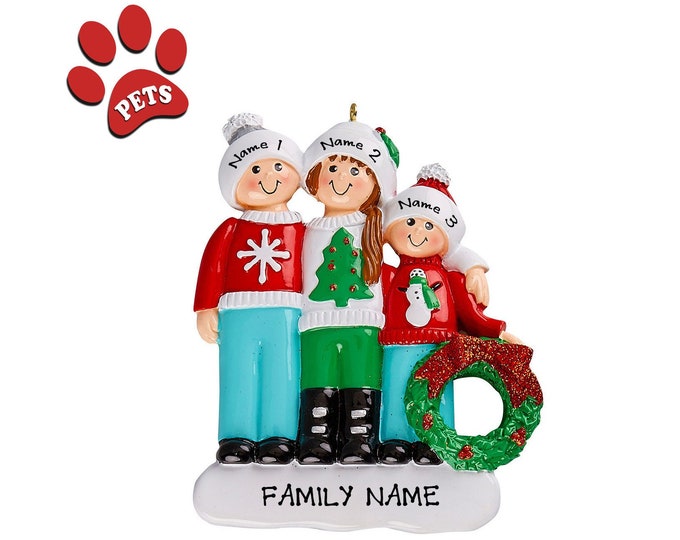 Ugly Sweater Ornament -  Ugly Sweater Family of 3 Ornament - Ugly Sweater Gift - Family Christmas Ornament Personalized  2025 - Add Pet, Dog