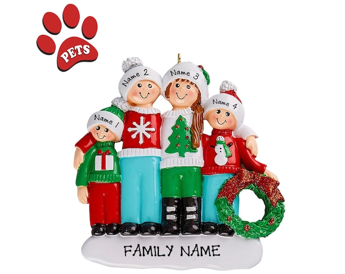Ugly Sweater Ornament -  Ugly Sweater Family of 4 Ornament - Ugly Sweater Gift - Family Christmas Ornament Personalized  2025 - Add Pet, Dog