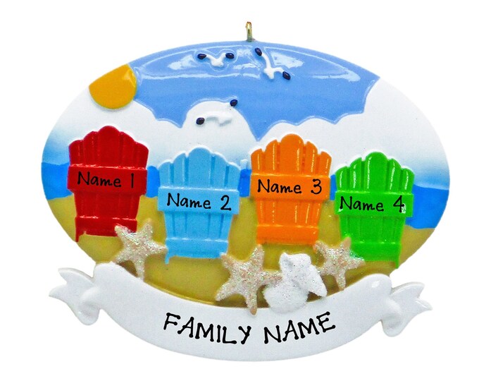 Personalized Beach Chair Ornament - Girl's Beach Trip - Family of 4 on Christmas Vacation - Trip To Beach Christmas Ornament, Nautical Décor