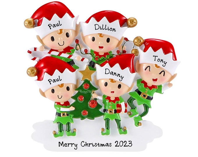 Elves Doing Things Family of 5 Christmas Ornament Personalized 2023 - Five Grandkids Decorating Family Xmas Tree, Custom Grandparents Gift