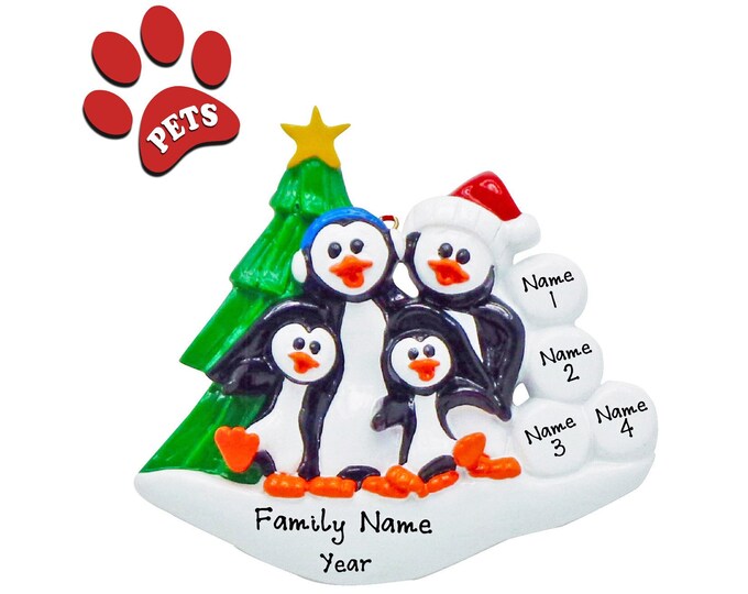 North Pole Penguin Family - Winter Penguin Family of 4 Christmas Ornament, Family Christmas Ornament, Penguin Ornament, Add A Pet, Add A Dog