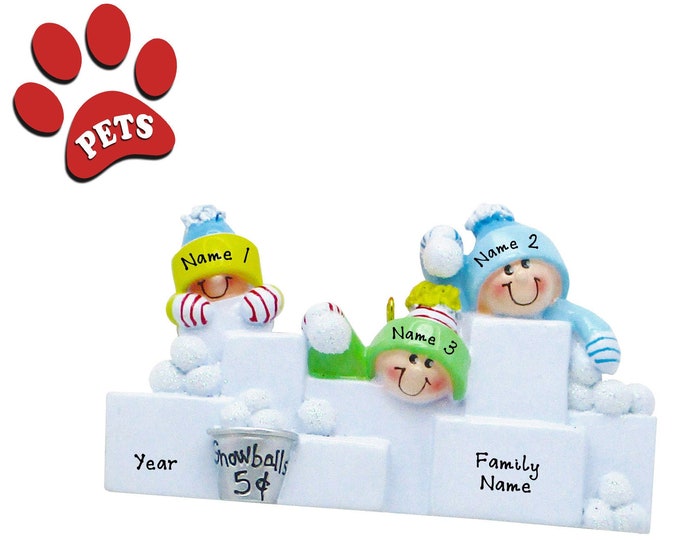 Snowman Ornament - Family Christmas Ornament Personalized 2024 - Family of 3 Having Snowball Fight - Grandparents Gift - Add a Pet, Dog, Cat