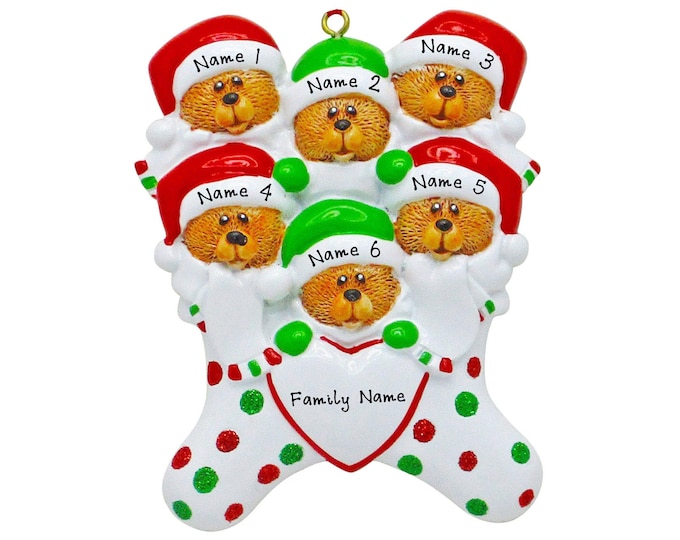 Bears in Stocking Ornament - Family of 6 Ornament - Family Christmas Ornament, Personalized Gift For Grandparents, Xmas Stocking Ornament