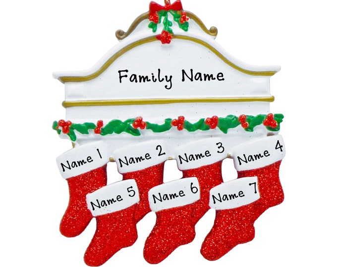 Family of 7 Christmas Ornament - Xmas Stockings on Mantle  - Personalized Family Christmas Ornament 2023 - Our Grandkids Christmas Ornament