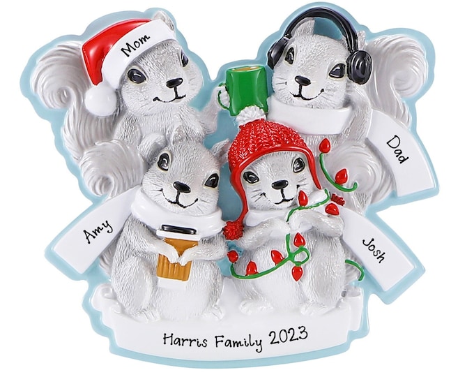 Squirrel Family of 4 Christmas Ornament Personalized 2023 Woodland Forest Animals Custom Family Ornament - Personalized Keepsake Gift Names