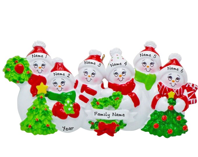 Snowman Ornament - Family of 6 Christmas Ornament - Snowmen With Wreath Gift For Grandparents 2023 Personalized Family Christmas Ornament