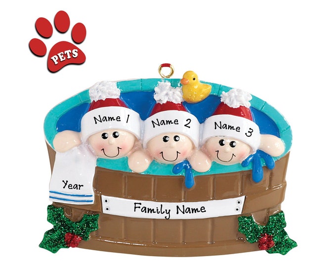 Personalized Hot Tub Ornament - Family of 3 Hot Tub Ornament - Family Day at The Spa - Hot Tub Heaven - Hot Tub Christmas Gifts - Add a Pet