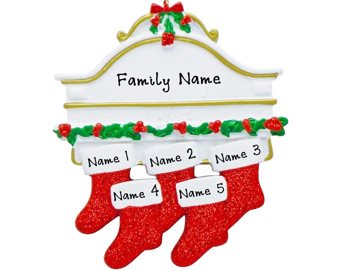 Family of 5 Christmas Ornament - Xmas Stockings on Mantle  - Personalized Family Christmas Ornament 2024 - Our Grandkids Christmas Ornament