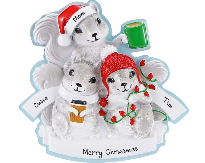 Squirrel Family of 3 Christmas Ornament Personalized 2025 Woodland Forest Animals Custom Family Ornament - Personalized Keepsake Gift Names