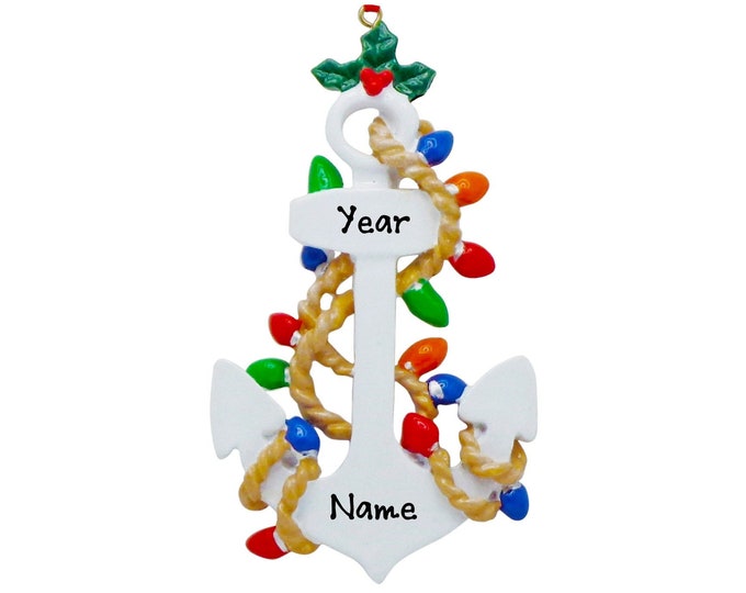 Anchor Tangled in Lights Ornament -  Boat Ornament With Name - Anchor Ornament With Christmas Lights - Custom Yacht Ornament For Dad