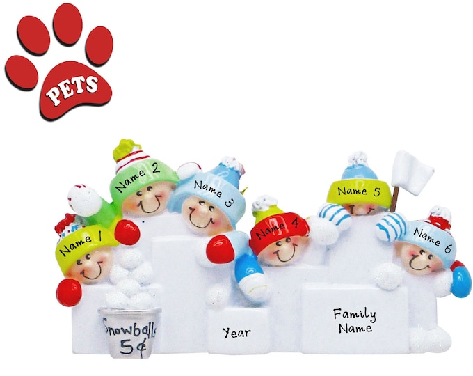 Snowman Ornament - Family Christmas Ornament Personalized 2024 - Family of 6 Having Snowball Fight - Grandparents Gift - Add a Pet, Dog, Cat