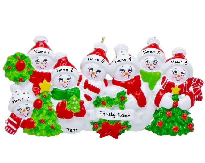 Snowman Ornament - Family of 7 Christmas Ornament - Snowmen With Wreath Gift For Grandparents 2023 Personalized Family Christmas Ornament