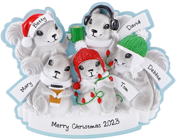 Squirrel Family of 5 Christmas Ornament Personalized 2023 Woodland Forest Animals Custom Family Ornament - Personalized Keepsake Gift Names