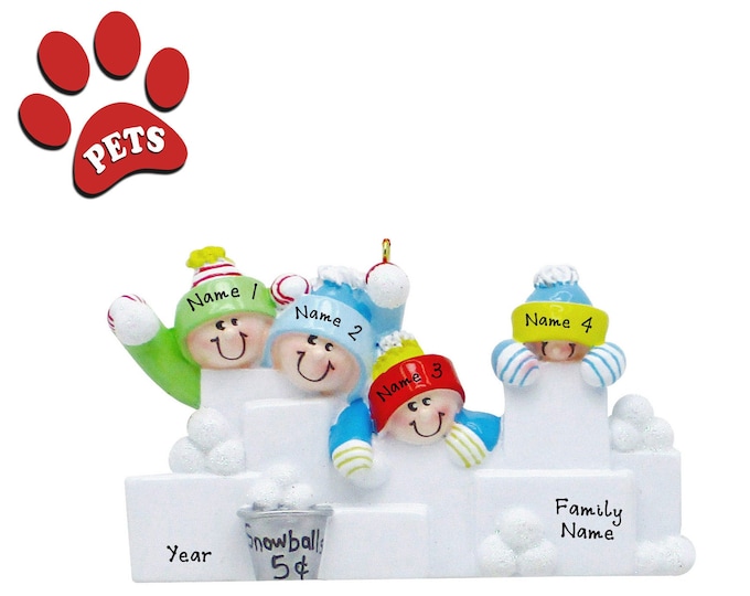 Snowman Ornament - Family Christmas Ornament Personalized 2024 - Family of 4 Having Snowball Fight - Grandparents Gift - Add a Pet, Dog, Cat