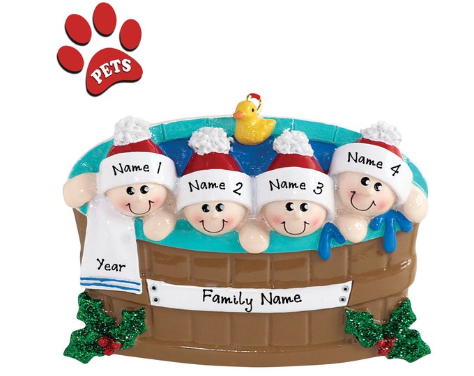 Personalized Hot Tub Ornament - Family of 4 Hot Tub Ornament - Family Day at The Spa - Hot Tub Heaven - Hot Tub Christmas Gifts - Add a Pet