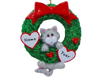 Personalized Cat Ornament - Tabby Cat Christmas Ornament - New Kitten Ornament - Love My Cat - Cat in Wreath Christmas Ornament - Cat Lover